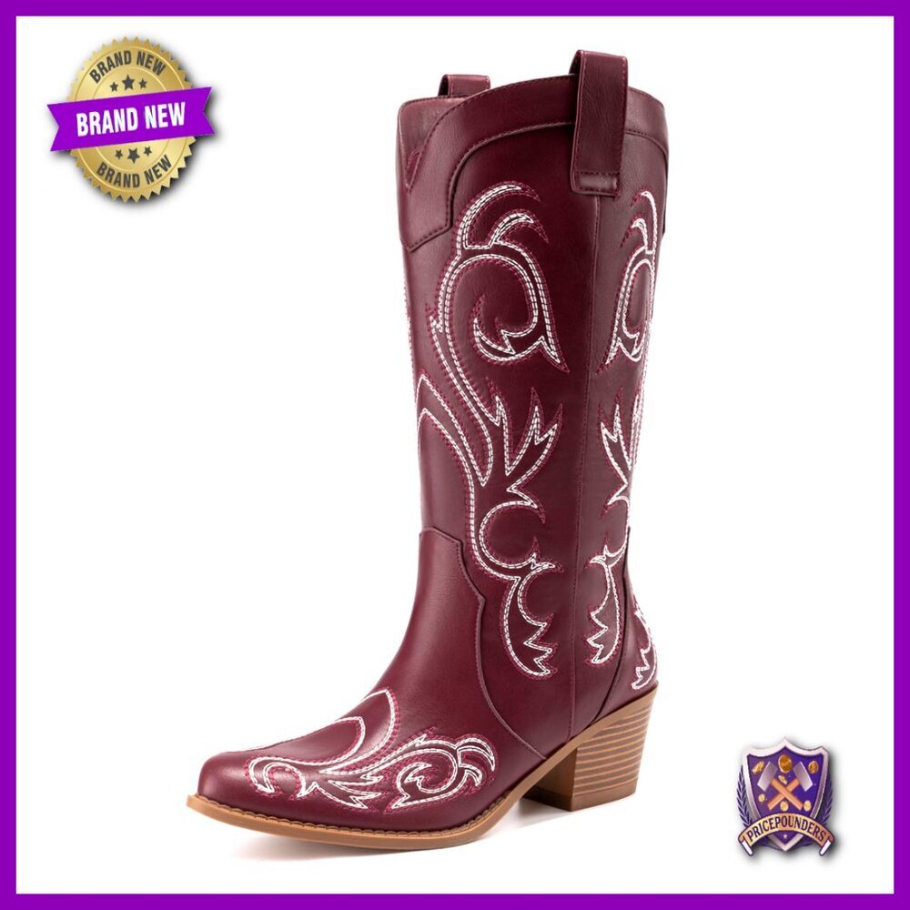 Embroidered Western Cowboy Boots Pointed Toe Chunky Heel Mid Calf Fashion